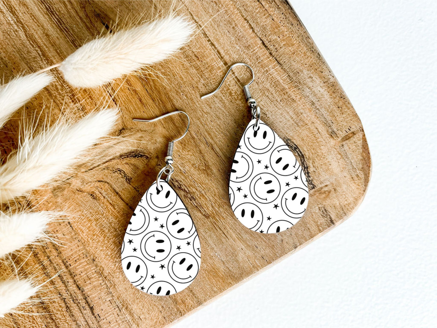 Black/White Smiley Face Teardrop Earrings