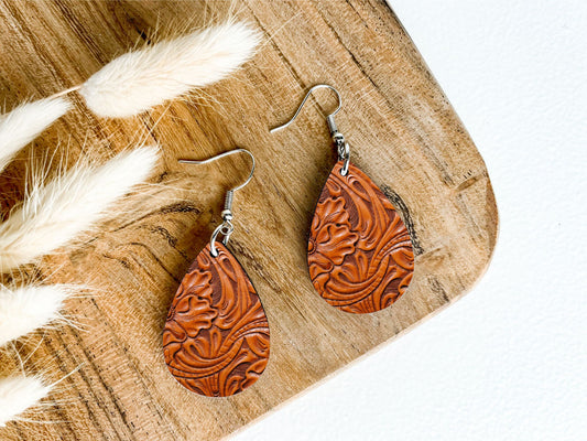 Faux Tooled Leather Teardrop Earrings