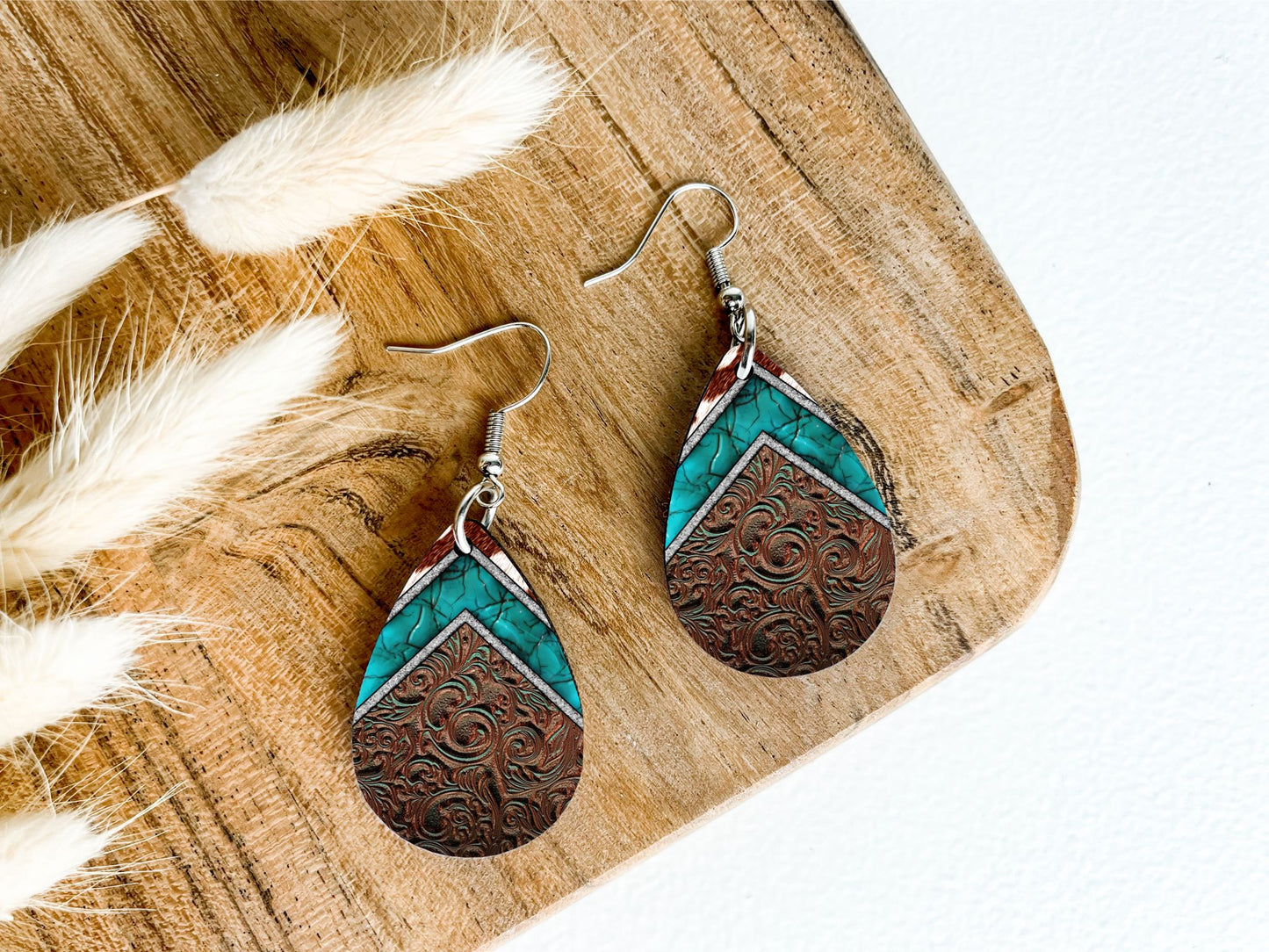 Faux Tooled Leather with Turquoise Teardrop Earrings