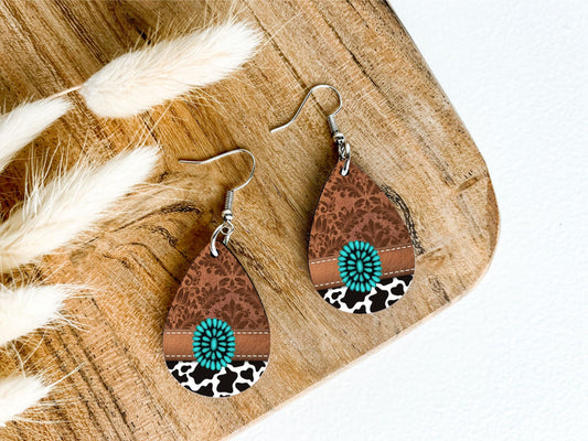 Faux Leather Cowprint Teardrop Earrings