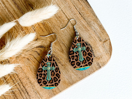 Leopard Cross Teardrop Earrings
