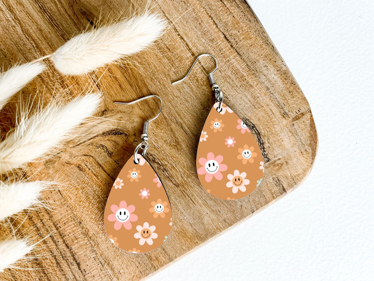 Orange Smiley Flower Teardrop Earrings