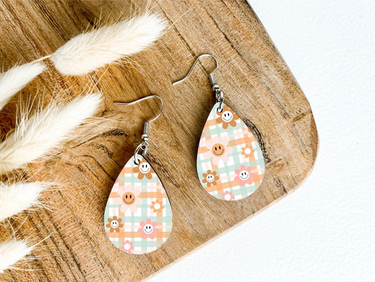 Pastel Plaid Smiley Flower Teardrop Earrings