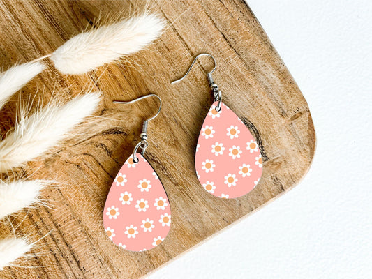 Pink Daisy Teardrop Earrings