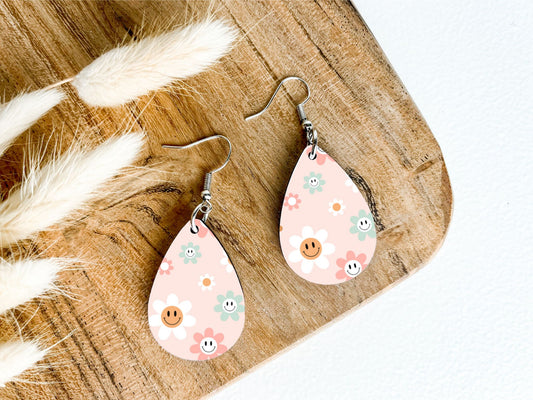 Pink Smiley Flower Teardrop Earrings