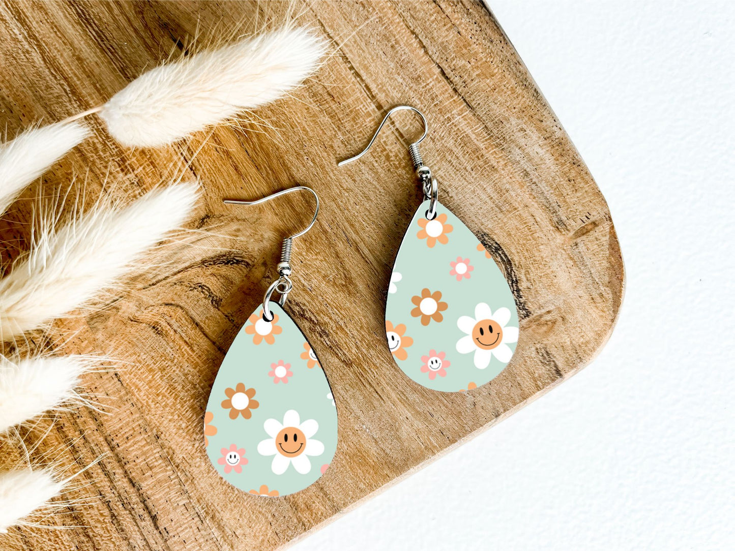 Teal Smiley Flower Teardrop Earrings