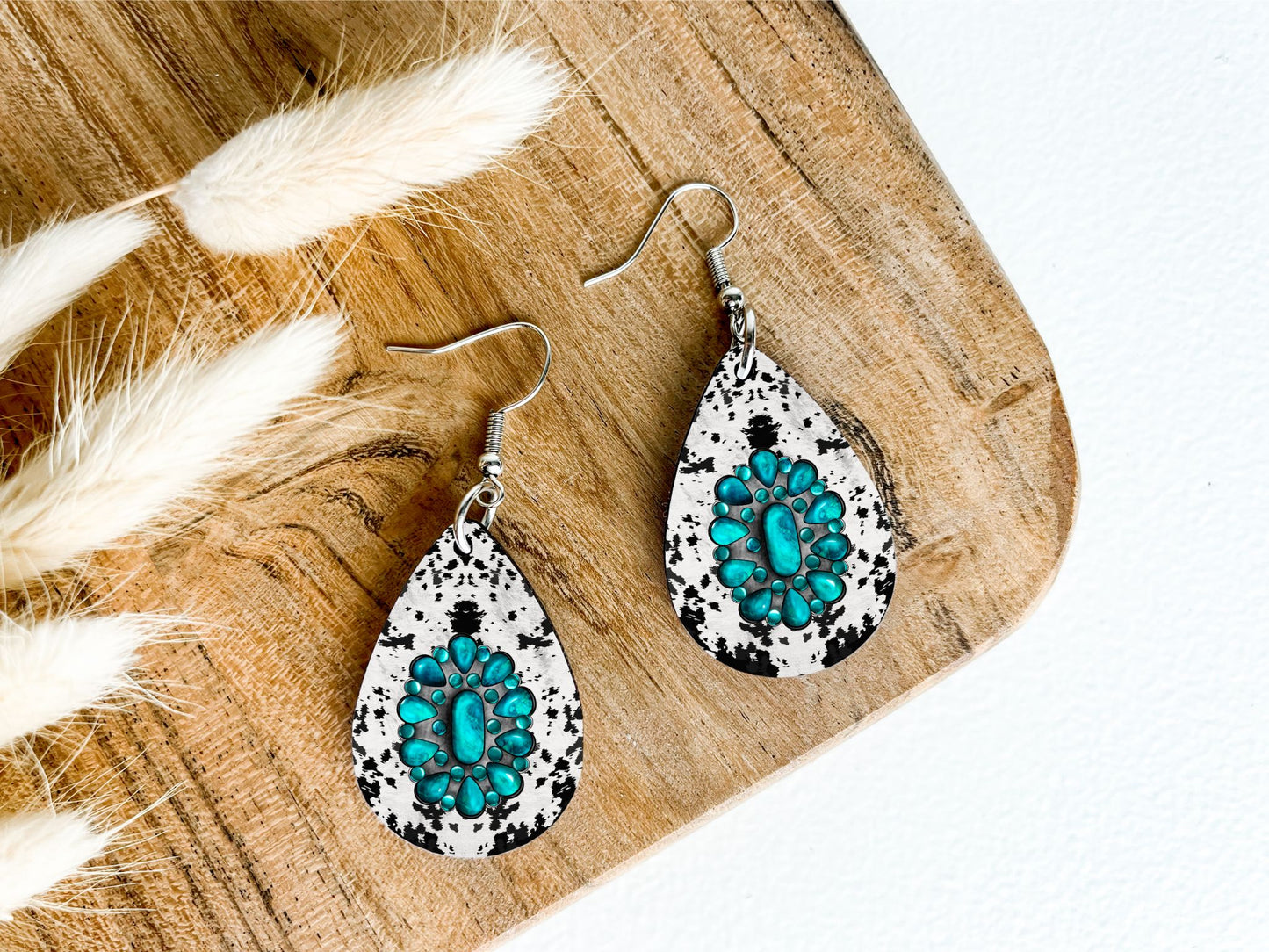 Turquoise Concho with Black Cowprint Teardrop Earrings