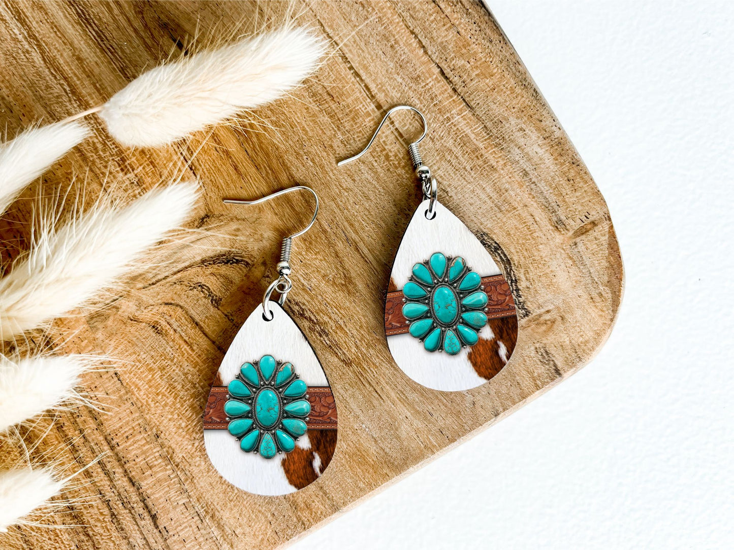 Turquoise Concho Cowprint Teardrop Earrings