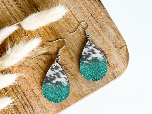 Turquoise Glitter Cowprint Teardrop Earrings