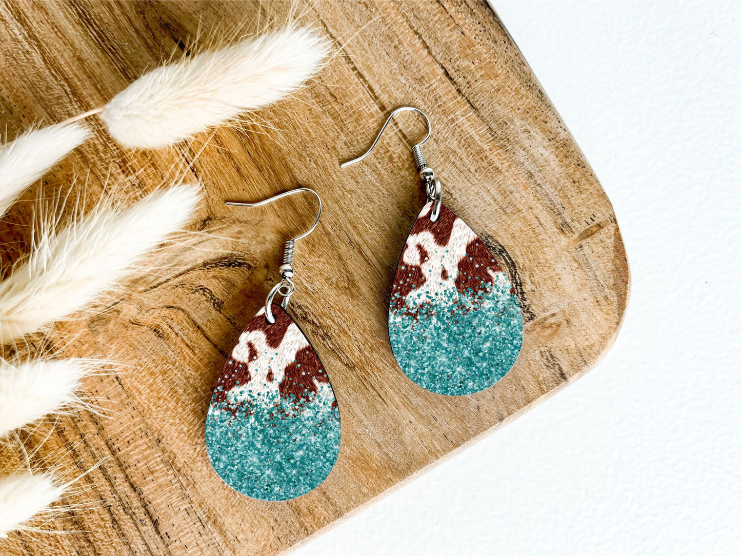 Turquoise Glitter with Brown Cowprint Teardrop Earrings